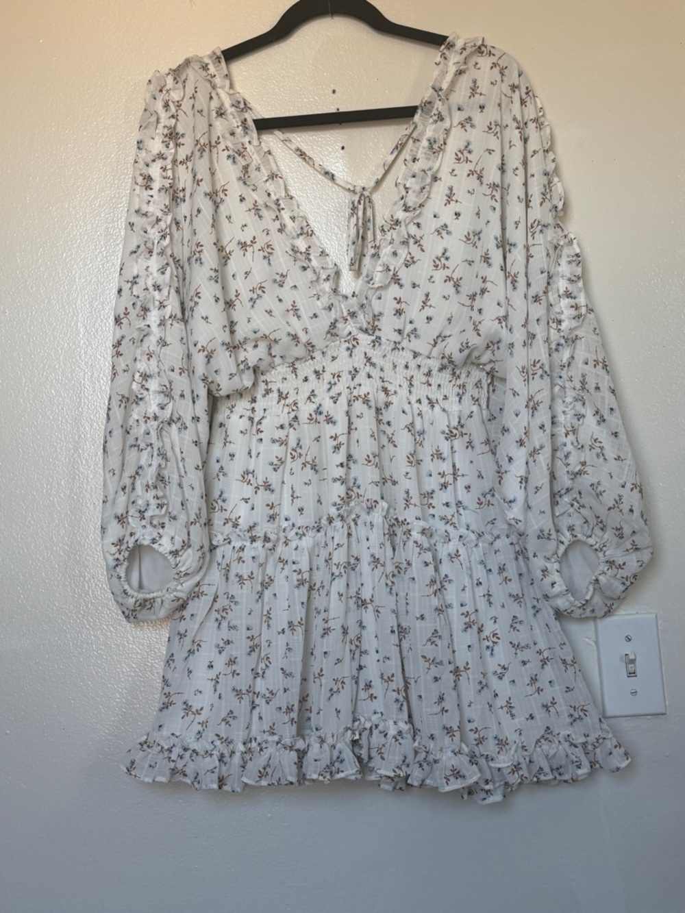 Floral Ruffle Mini Dress in Cream - Picture 2 of 14